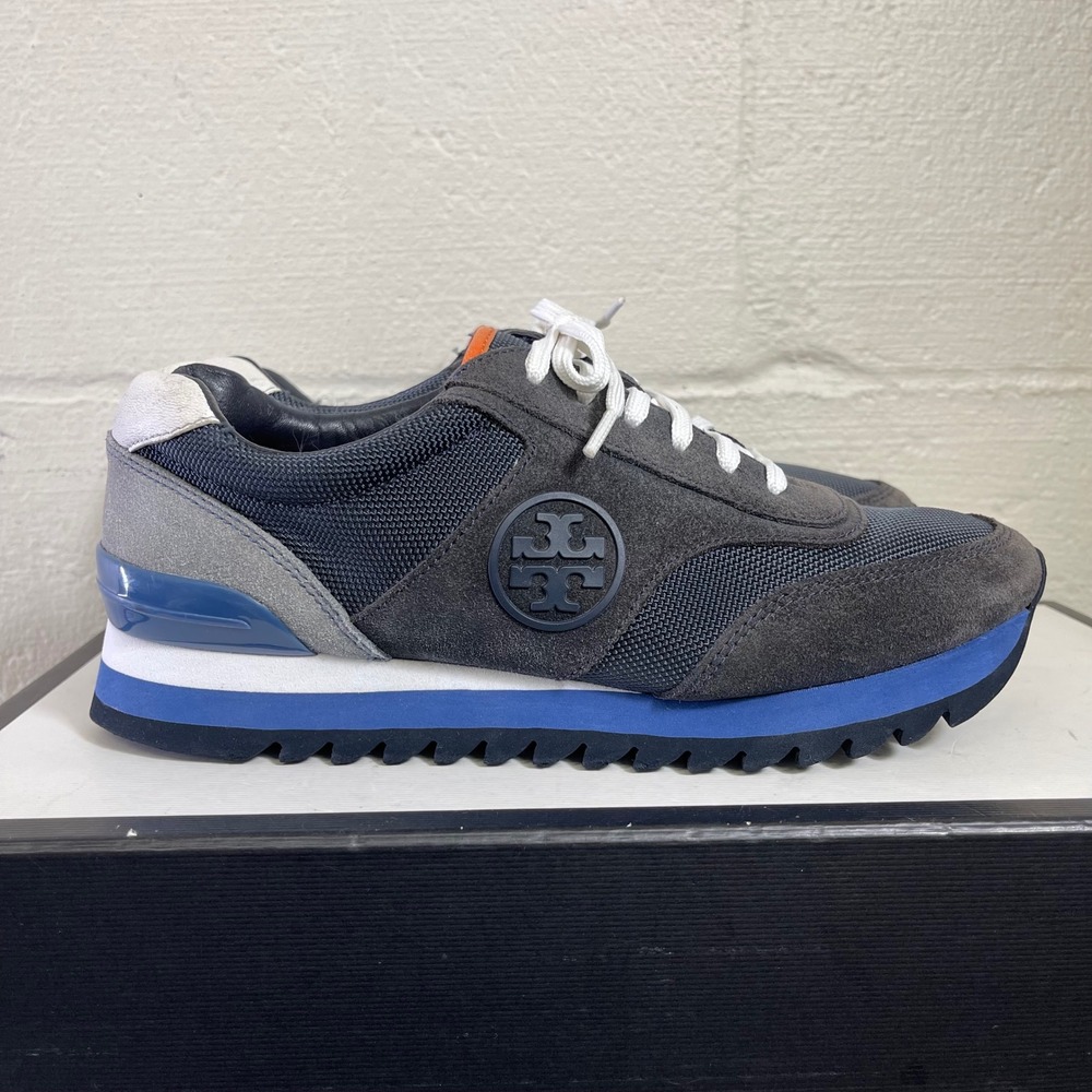 Tory Burch Sawtooth 44481 Logo Blue Suede Low Top Sneakers Lace up Women's 7 M